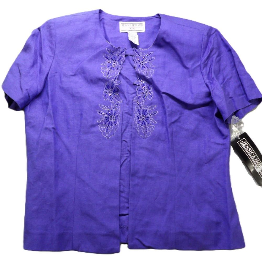 NWT VTG 90s Jessica Howard Petite 12P Purple Linen Blend Beaded Floral Top Lined